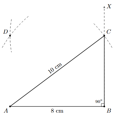 Step 5: Arcs from C (radius 8cm) and B (radius 10cm) intersect at D.